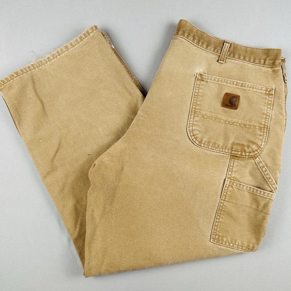 Vintage Carhartt Duck Canvas Carpenter Work Pants Distressed Faded 40x30 Tan